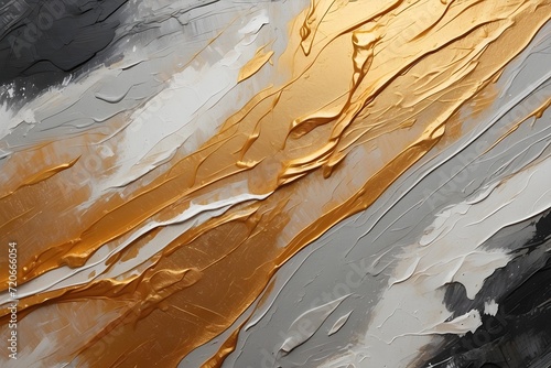 Closeup of abstract gold, black, silver texture background painting. Oil, acrylic brushstroke, pallet knife paint on canvas. Contemporary art painting.