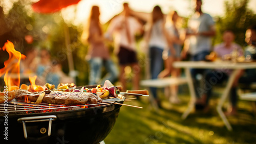 Group of friends having party outdoors. Focus on barbecue grill with food. Space for text