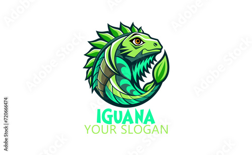 Vintage Iguana Logo: Hand-Drawn Illustration with Green Leaves - Retro Lizard Physician Emblem, Vector Graphic of Colorful Herbivorous Reptile for Vintage Logo Design