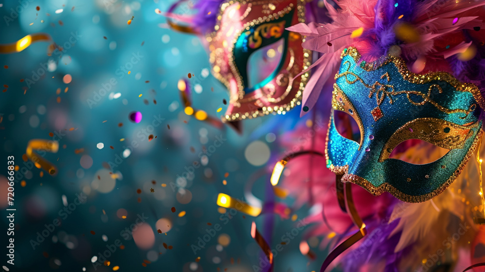 Carnival masks and confetti suspended in mid-air, offering a dynamic and whimsical scene suitable for expressive text - obrazy, fototapety, plakaty 