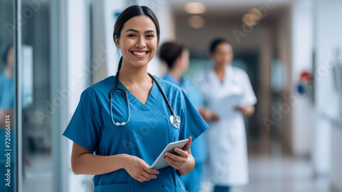female healthcare professional in blue scrubs with a stethoscope around her neck © MP Studio