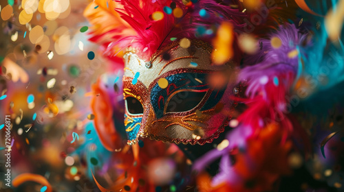 Carnival masks and confetti suspended in mid-air, offering a dynamic and whimsical scene suitable for expressive text