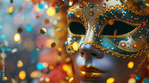 Close-up of a carnival mask with confetti accents, offering a dynamic and detailed shot suitable for impactful text placement