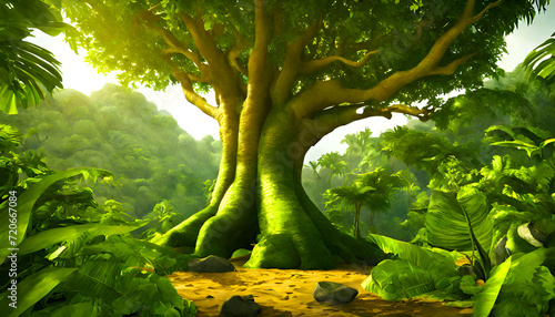 Fényképezés 3d illustration of an amazing old tree, gaming background, green forest in the j
