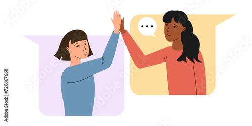 Woman giving high five,   symbol of  team effort, success or finished task. Online meeting or chat with friends or colleagues, video conference, ,vector flat illustration 