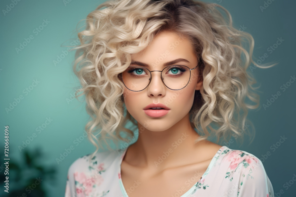 portrait, a wonderful blonde young woman with glasses in a beautiful frame. optics, vision correction and eye imperfections. Bespectacled curly-haired girl, stylish female image. portrait, a wonderful blonde young woman with glasses in a beautiful frame. optics, vision correction and eye imperfections. Bespectacled curly-haired girl, stylish female image.