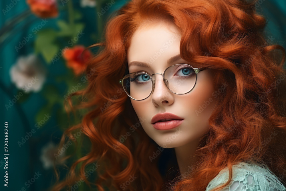 Fototapeta premium Bespectacled curly red-haired girl, stylish female image. optics, vision correction and eye imperfections. portrait, stunningly beautiful young woman with glasses.
