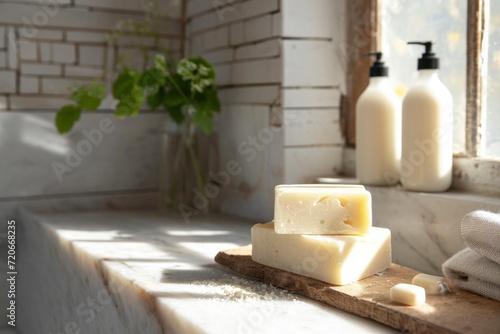 Handcrafted soaps on a wooden board with a backdrop of vintage bathroom bottles. photo