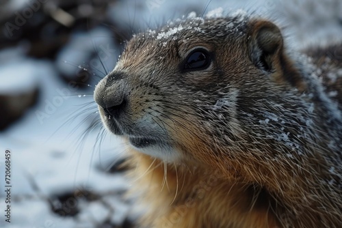 A detailed close-up of a groundhog with snowflakes on its fur.