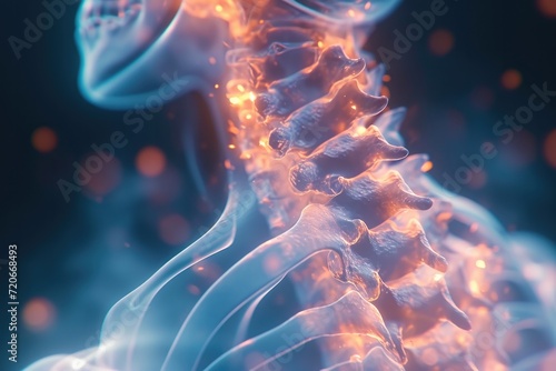 Human cervical spine with a dynamic fiery design, resembling an x-ray.