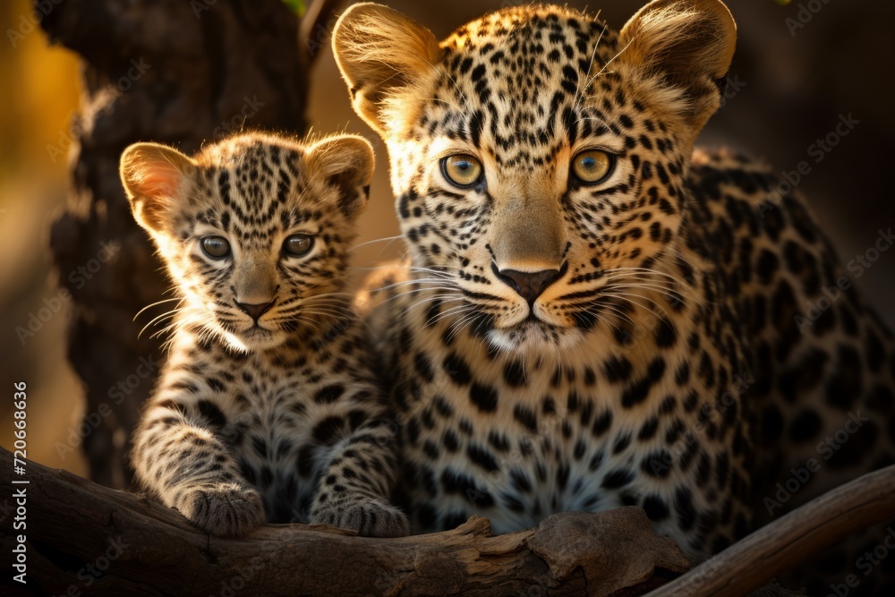 Naklejka premium mother leopard with her young ones. female and litter of kittens. little leopard cubs, cuddles together. family, motherhood in animals. wildlife.