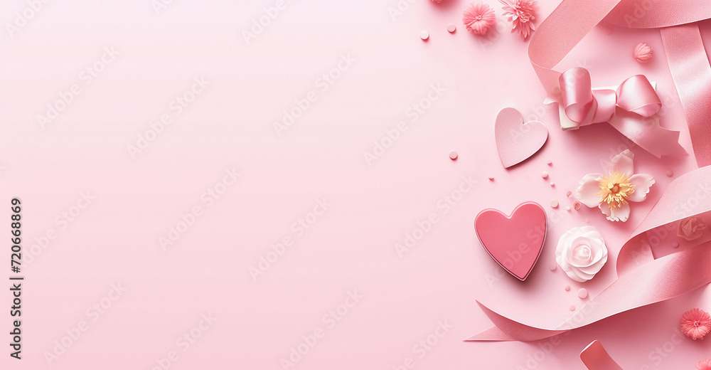 pink hearts and pink ribbon on a pink background