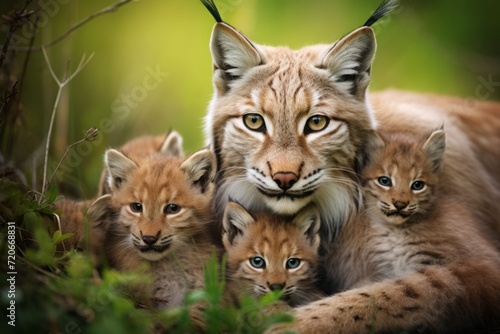 mother lynx with her young ones. litter of kittens. female and little lynx cub cuddles together. family, motherhood in animals. wildlife.