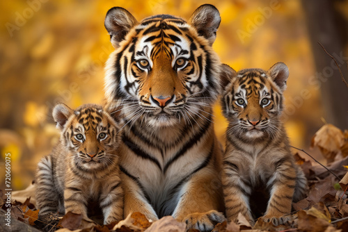 mother tigress with her young ones, little tiger cubs, cuddles together. family, motherhood in animals. wildlife.