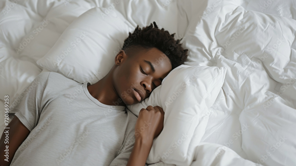 male asleep in a comfortable white bed