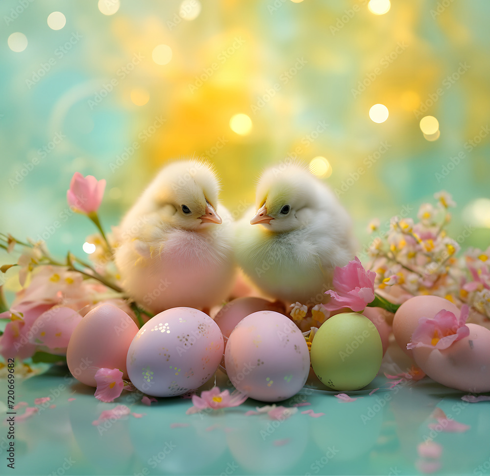  Concept of Easter celebration with little two  chickens and and colorful eggs on light background.