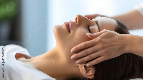 physiotherapist or chiropractor conducting cranial sacral therapy on a woman patient. therapeutic process  showcasing the activation of the trigeminal nerve.