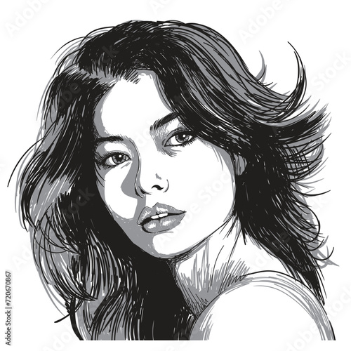 Vector portrait of a fashionable young beautiful girl with tousled hair. Vector dotted black and white female portrait.