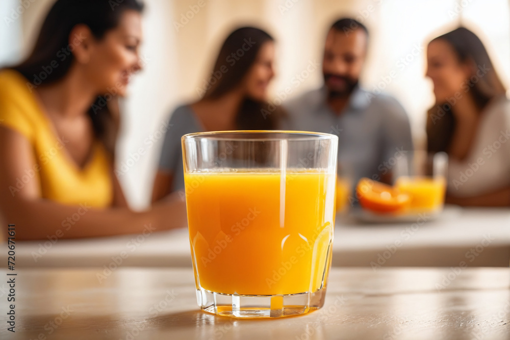 Close up of glass of orange juice on table with family in blurred background Close up of glass of orange juice on table with family in blurred background