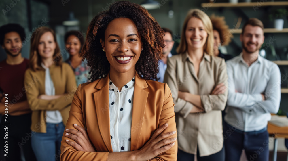 confident woman is standing in the foreground with a group of diverse people blurred in the background confident woman is standing in the foreground with a group of diverse people blurred in the background