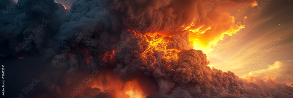 Volcanic eruption with dramatic ash clouds and lava flow