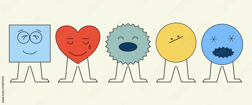 Set of funny different emoji with face and legs. Different sign. Vector isolated illustration in trendy style.