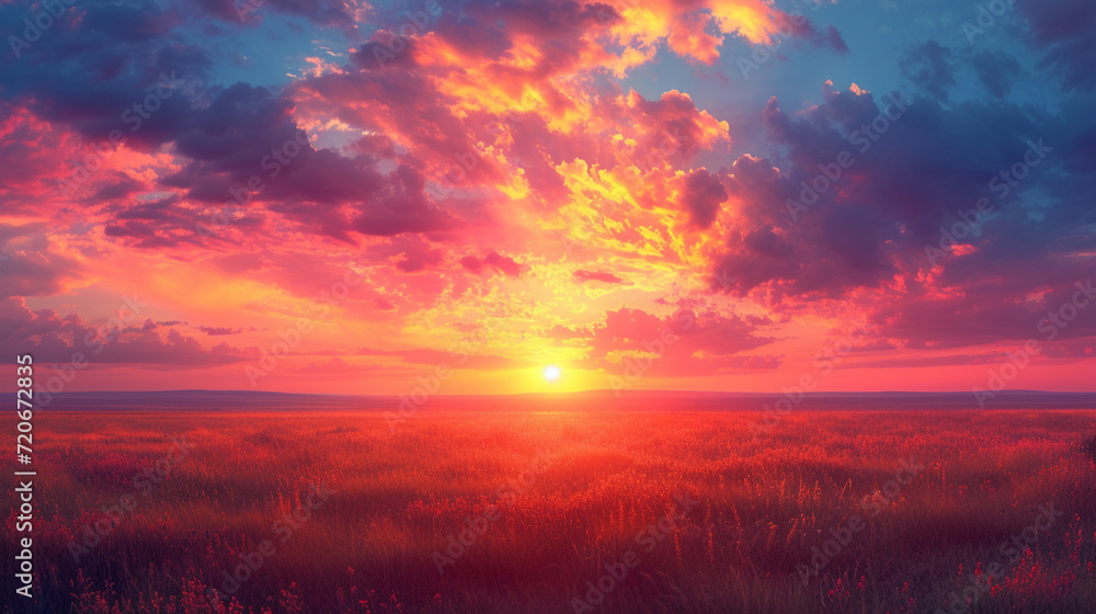 A breathtaking panorama of a fiery sunset over a vast, open plain, with hues of orange, pink, and purple painting the sky.