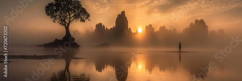 Ethereal sunrise in misty landscape with lone figure