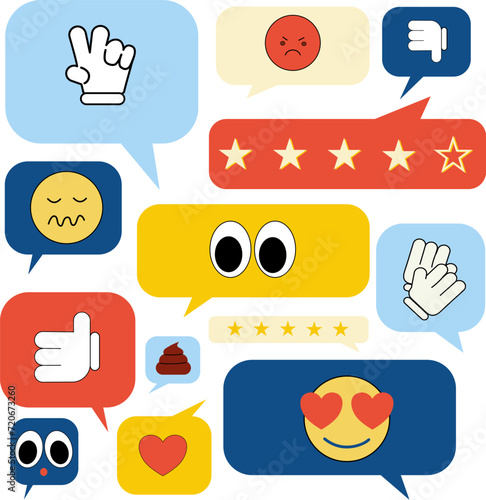 Text bubbles with emoji. The concept of review and feedback.