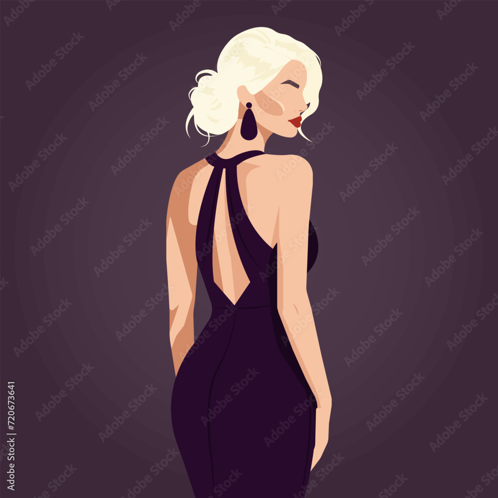 Vector flat fashion illustration of a beautiful sexy blonde woman in an elegant backless dress. Back view. Vector flat fashion illustration of a beautiful sexy blonde woman in an elegant backless dress. Back view.