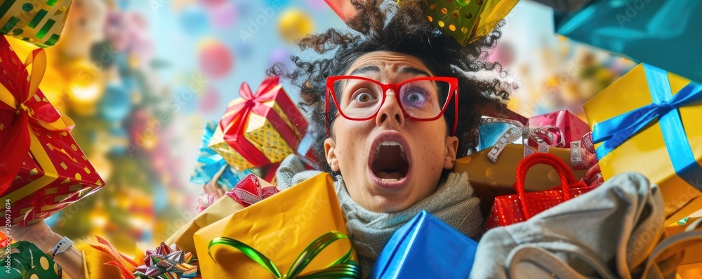 Overwhelmed shopper with multiple gift boxes and bags around. Black Friday sale concept Overwhelmed shopper with multiple gift boxes and bags around. Black Friday sale concept
