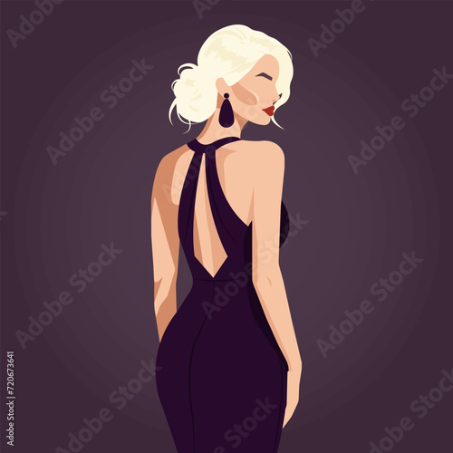 Vector flat fashion illustration of a beautiful sexy blonde woman in an elegant backless dress. Back view.