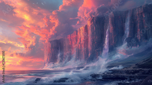 A striking view of a rocky shoreline, with soaring sea cliffs rising sharply above the raging waves below and a striking pink, orange, and yellow sky. 