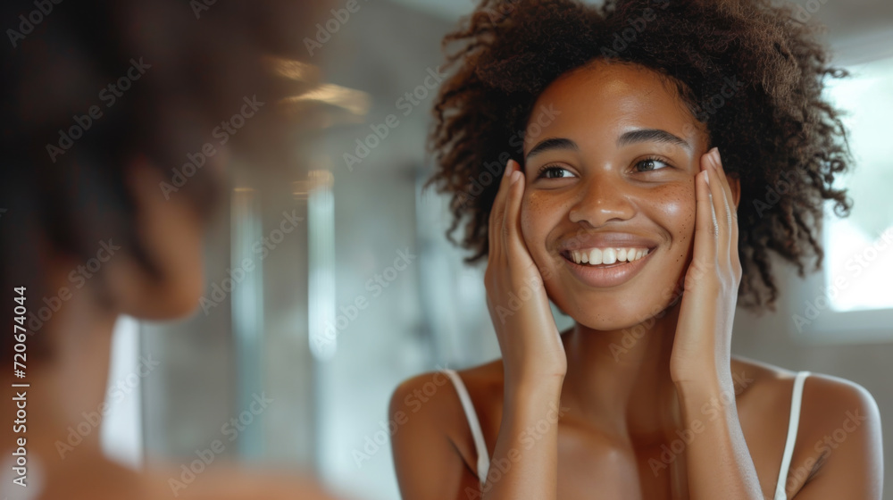 young woman with a joyful smile is touching her face gently, looking to the side with a soft and happy expression