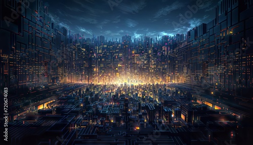 Futuristic cityscape at night  presenting an abstract and vibrant 3D rendering.