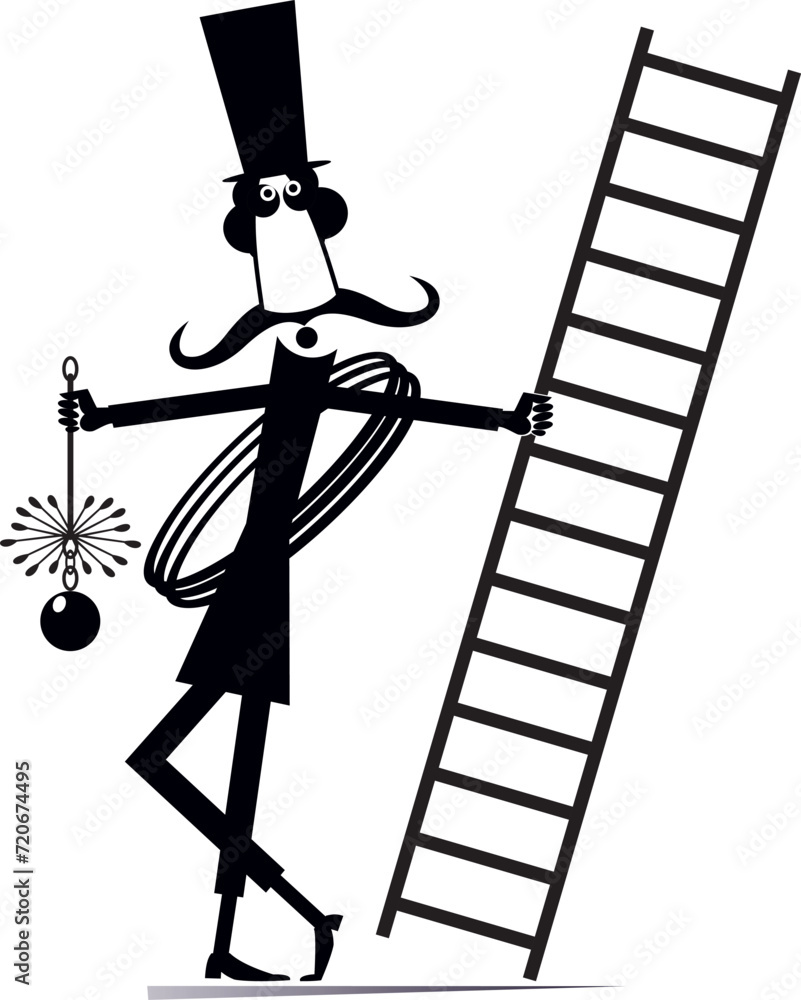 Cartoon chimney sweeper. Funny chimney sweeper in the top hat with a rope, chimney brushes and