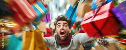 Overwhelmed shopper with multiple gift boxes and bags around. Black Friday sale concept