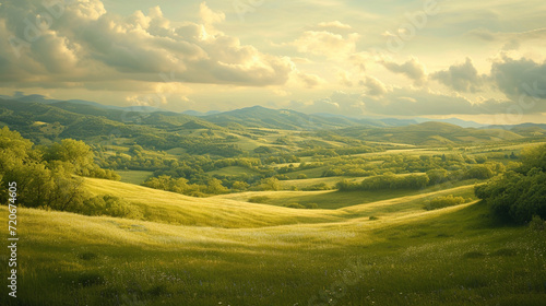 A breathtaking vista of rolling hills and valleys, painted in shades of green and gold under a vast, open sky.