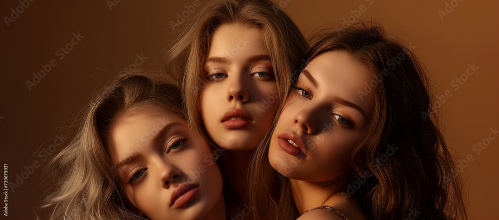 Four women of different ethnicities posing on a brown background. Diverse women showcase unity on a brown backdrop, symbolizing cultural harmony and ethnic diversity. Four women of different ethnicities posing on a brown background. Diverse women showcase unity on a brown backdrop, symbolizing cultural harmony and ethnic diversity.