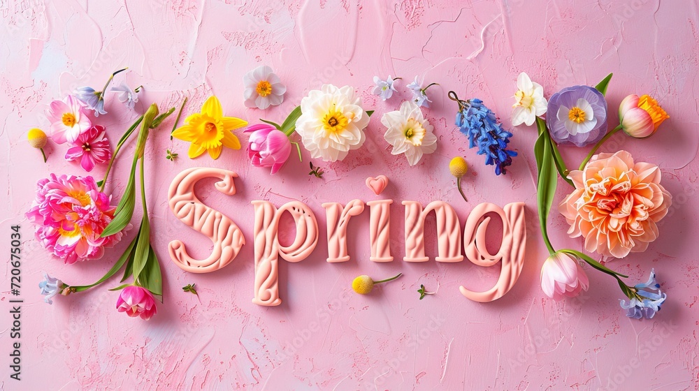 word spring spelled out using various colorful flowers on a pink ...