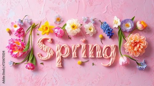 word spring spelled out using various colorful flowers on a pink background
