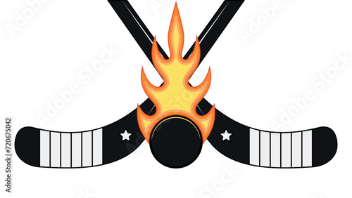 Hockey game logo. Two hockey sticks crossed on ice and a puck with fire.