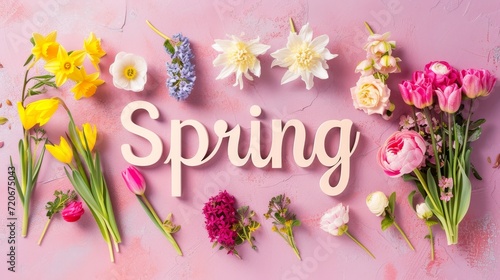 vibrant display of spring flowers surrounding wooden letters that spell out the word Spring