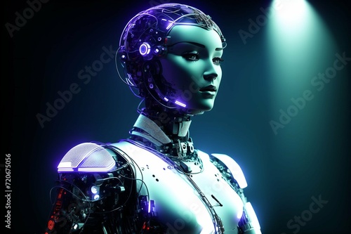 Portrait of a female robot in futuristic space. 3d rendering.