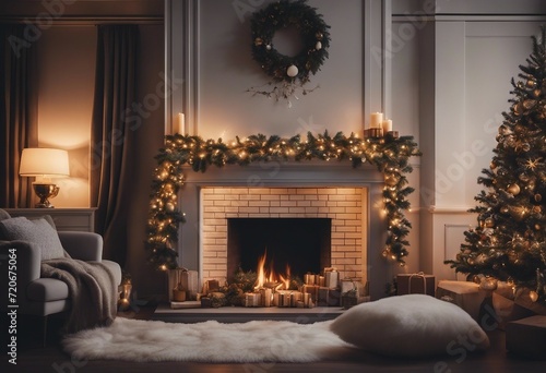 Living room home interior with decorated fireplace and christmas tree vintage style Christmas Holida
