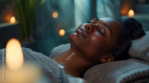 young woman lying down with her eyes closed, appearing to be in a receiving a spa treatment