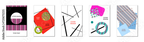 Geometric cover design, set of 5 covers. Abstract unusual background in Memphis style. Bright geometric shapes in random order