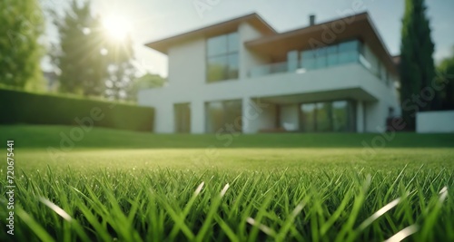 Green mown lawn with fresh grass with blurred background of a modern private house and flower garden.