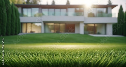 Green mown lawn with fresh grass with blurred background of a modern private house and flower garden. © 360VP