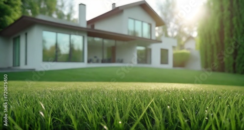 Green mown lawn with fresh grass with blurred background of a modern private house and flower garden.